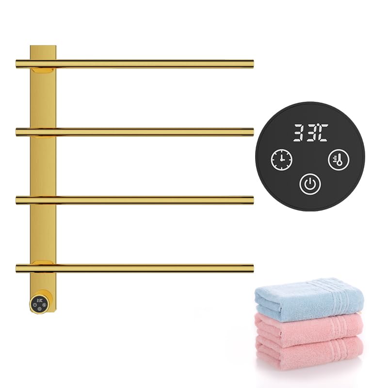 VJASS Electric Heated Towel Warmer with Timer, Wall Mounted Stainless Steel Towel Rack, 4-Bar Fast Heating Towel Drying Rack for Bathroom, Hardwired/Plug-in Options (Brushed Gold) - color: Brushed Gold