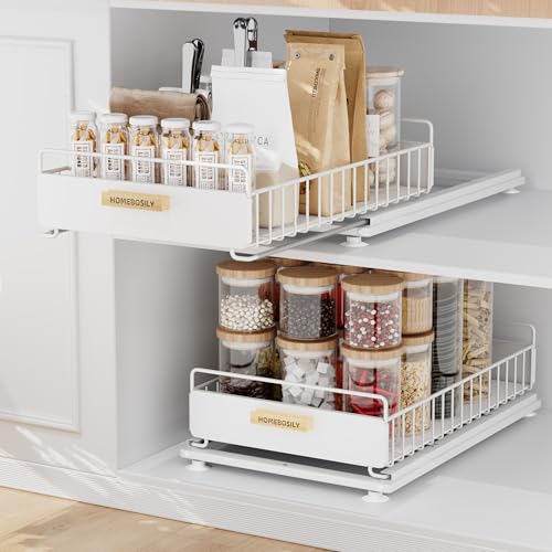 Under Sink Organizer, 2 Pack Pull Out Kitchen Cabinet Organizer, Mute Slide-Out Under Sink Organizers and Storage, Metal Kitchen Bathroom Organizers and Storage Shelves, White - color: White-2 Pack, size: Single Layer