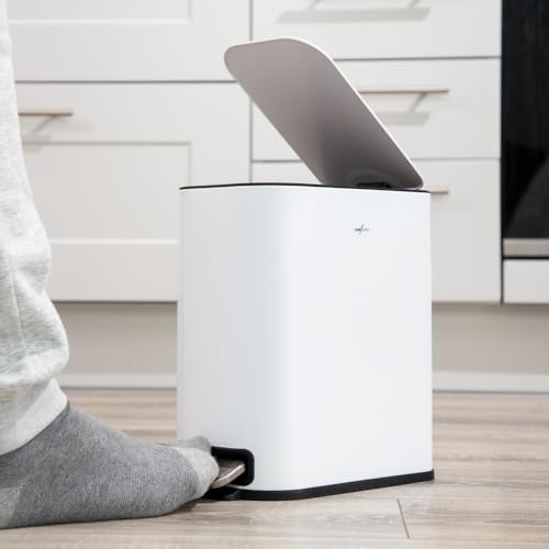 RED FACTOR Slim Small 1.3 Gallon Stainless Steel Pedal Trash Can with Soft Close Lid for Narrow Spaces – Wastebasket Bin with Removable Inner Bucket - color: Metallic White