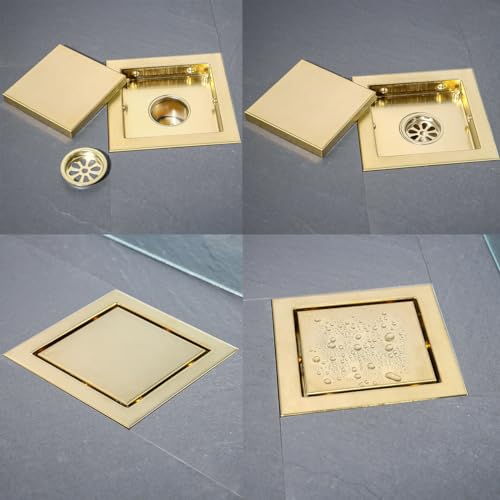 RANDOM Brushed Gold Shower Drain Square 6 inch SUS304 Stainless Steel Shower Floor Drain with Hair Strainer Tile Insert Shower Drain Cover - color: D-brushed Gold-6″ Square