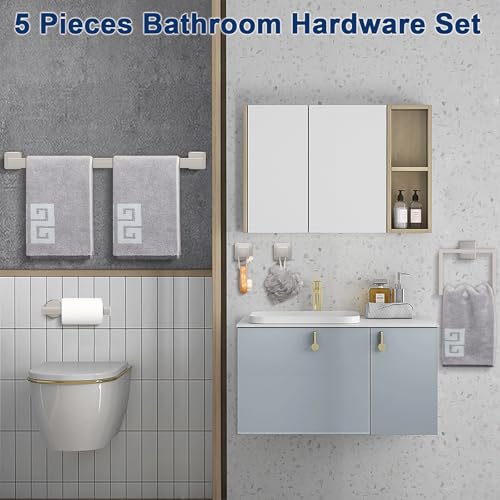NearMoon 5 Pieces Bathroom Hardware Set 304 Stainless Steel, Square Towel Rack Kit - 24" Towel Rod + Towel Ring + Toilet Paper Holder + 2 Robe Hooks, Wall Mounted Bath Accessories (Chrome Finish) - color: Chrome Finish