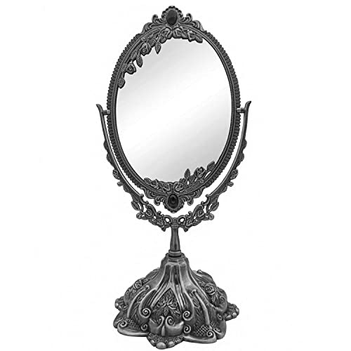 Hsiwto Vintage Double Side Makeup Mirror, Alloy Metal Table Makeup Desktop Mirror with 360 Degree Rotation Cosmetic Makeup Tool for Women Girls, Large Tin Color - color: Tin, size: 15.3"L x 7.8"W