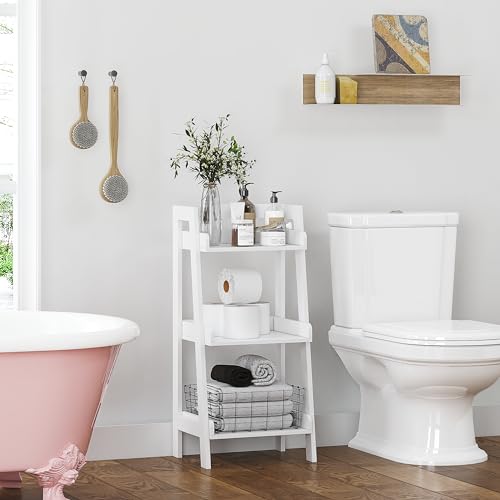 UTEX 3-Tier Ladder Shelf and Bathroom Wall Shelf, White