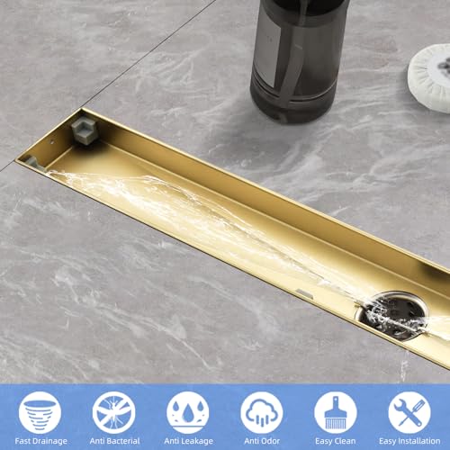 Linear Shower Drain ，with Tile Insert Panels ，18 Inch Brushed Gold 304 Stainless Steel Rectangle Shower Floor Drain，with Hair Catcher, Adjustable Feet - color: Brushed Gold, size: 18inch