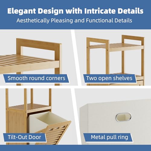 HITNET Tilt Out Laundry Hamper, Bamboo Laundry Basket with Foldable Bag and 2 Open Shelves, Freestanding Clothes Storage Organizer for Bedroom, Bathroom, Living Room, Natural - color: Natural