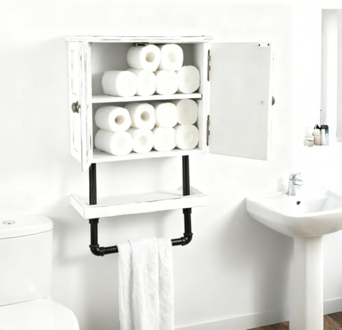 23.1x16.9'' Bathroom Wall Cabinet with Adjustable wall Shelf and Towel Bar Double Doors Medicine Cabinet Wall Mounted with Hanging Bar, Rustic Wood Storage Kitchen (Rustic White) - color: Rustic White