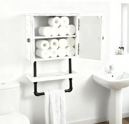 23.1x16.9'' Bathroom Wall Cabinet with Adjustable wall Shelf and Towel Bar Double Doors Medicine Cabinet Wall Mounted with Hanging Bar, Rustic Wood Storage Kitchen (Rustic White) - color: Rustic White