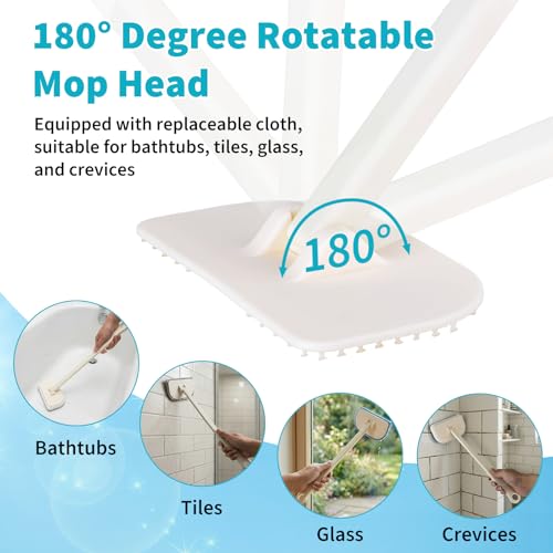 Tub Brush Scrubber with Long Handle, Durable Tub Scrubber with 4 Versatile Cleaning Heads, No-Scratch, Powerful Deep-Clean Tile Scrubbers, for Shower Bathroom Kitchen Bathtub Toilet