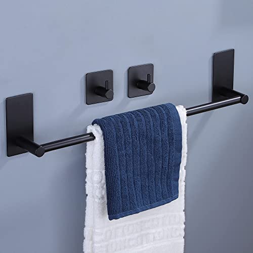 Taozun Towel Bar - 16 Inch Towel Holder with 2 Packs Adhesive Hooks Black | Hand Towel Rack Towel Hook Stick on Wall, Stainless Steel Bathroom Hardware Accessory Kit