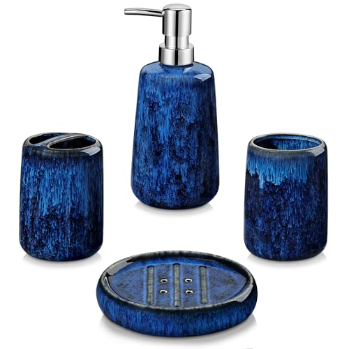 vancasso Blue Bathroom Accessories Set, Ceramic Soap Dispenser and Toothbrush Holder Sets, Stoneware 4 Pcs Bathroom Sink Set for Modern Home Decor, Series Starry - style: Blue