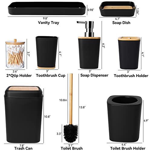 XLHOMO Bathroom Set Black Bathroom Trash Can, 9 Piece Bathroom Decor Toothbrush Holder, Cup, Lotion Dispenser, Tray, Soap Dish, Toilet Brush, Qtip Holder - size: Bath Set, style: Black
