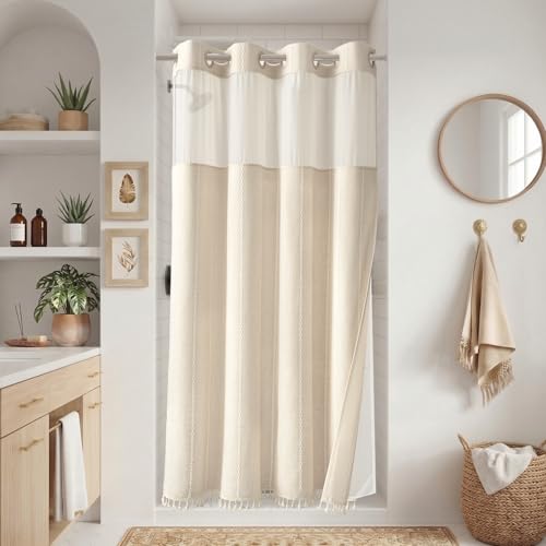 54x81 Ringless Boho Stripe Tassel Shower Curtain with Snap Liner Cream | Narrow Long Size, Heavy Duty Linen Blend, 3 in 1 Shower Curtain Set, Farmhouse Style, Waterproof & Washable, Mesh Top Window - color: A - Cream, size: 54"W x 81"L (Pack of 1)