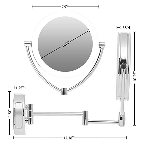 Ovente 7.5" Lighted Wall Mount Makeup Mirror, 1X & 10X Magnifier, Spinning Double Sided Round LED w/ Dimmer Switch, Extend, Retractable & Folding Arm, Battery USB Powered Polished Chrome MLW75CH1X10X - color: Polished Chrome, size: 10.3"L x 12.4"W, style: