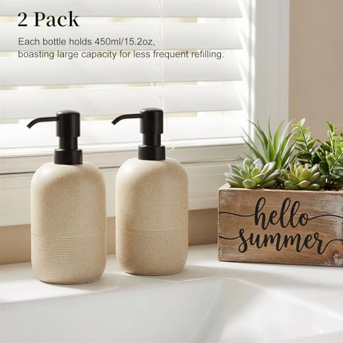 Luxspire Soap Dispenser Cylinder-Shaped Resin Soap Dispenser, Beige, 2pack | 450ml Premium sandstone resin, modern cylindrical design easy clean pump, 2 bottles, multi-purpose liquid storage - color: Beige+beige
