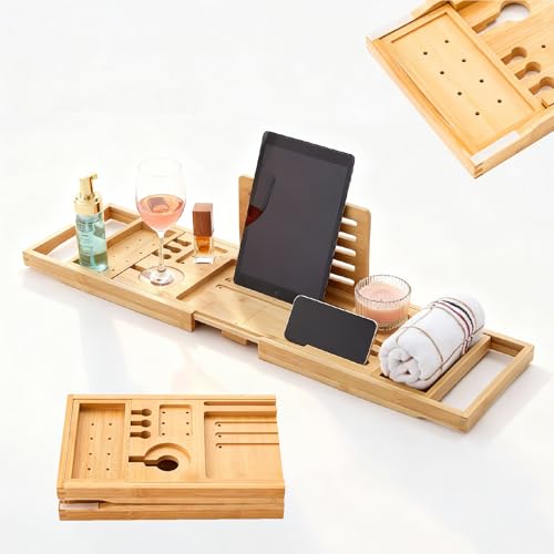 Bamboo Bathtub Tray, Expandable Foldable Bath Caddy, Natural | 29-42“ Bath Shelf Over Tub with Phone, Tablet & Wine Holders, Locking Design for Spa Bathroom Accessories & Gifts - color: A-natural