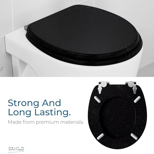 SANILO Wooden Toilet Seat with Soft Close [ROUND] - Decorative, Quiet & Slow Close Molded Wood Seat - With Strong Bumpers & Hinges - Adjustable Fit – Glittering Black - color: Glittering Black
