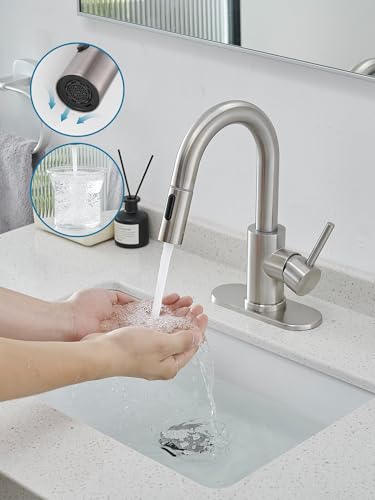 Brushed Bathroom Sink Faucet with Pull Out Sprayer for Sink 1 Hole,Bar Sink Faucet with Pop-Up Drain,Stainless Steel Single Handle Kitchen Faucet 360° Swivel Bathroom Faucets for Two Water Outlet Mode - color: Brushed Nickel, style: Pull-out