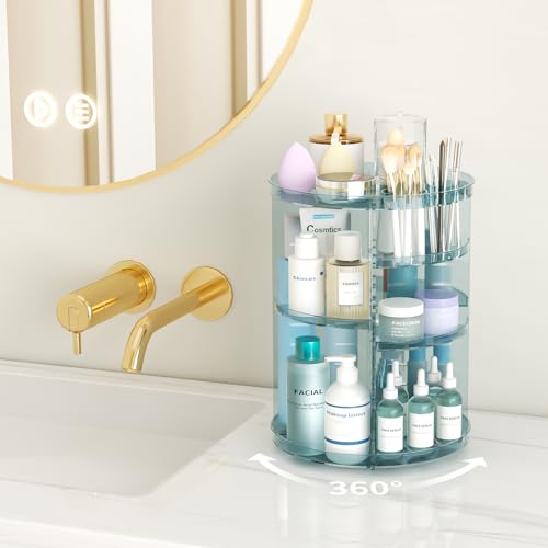 Rotating Makeup Organizer, DIY 8 Adjustable Layers Spinning Skincare Storage, Cosmetic Display Case with Brush Holder and Perfume Tray, Multi-Function Vanity Bathroom Countertop Organizer Clear Blue - color: Clear Blue