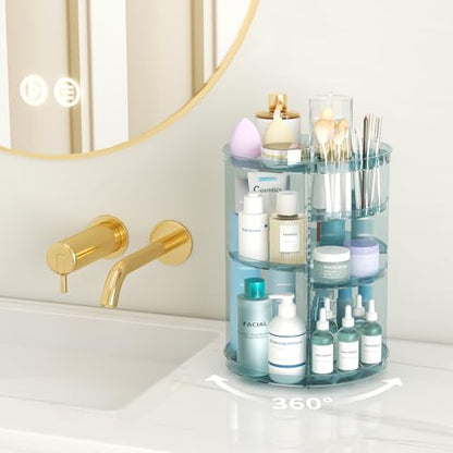 Rotating Makeup Organizer, DIY 8 Adjustable Layers Spinning Skincare Storage, Cosmetic Display Case with Brush Holder and Perfume Tray, Multi-Function Vanity Bathroom Countertop Organizer Clear Blue - color: Clear Blue