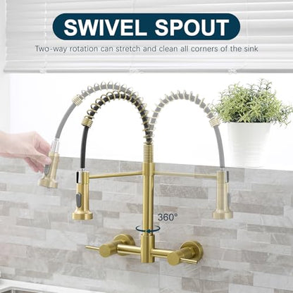 AIMADI Brushed Gold Kitchen Faucet,Wall Mount Faucet 8 Inch Center | 2 Handle Commercial Sink Faucet for Modern Kitchens Luxury Style - color: brushed gold
