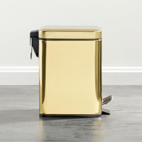 mDesign Slim Metal Rectangle 0.8 Gallon Trash Can with Step Pedal, Easy-Close Lid, Removable Liner - Narrow Wastebasket Garbage Container Bin for Bathroom, Bedroom, Kitchen, Office - Soft Brass - color: Soft Brass, size: .8 Gallon