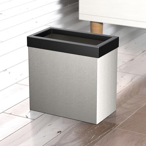 Gatco Modern Rectangle Wastebasket, Satin Nickel and Matte Black Combo - Stainless Steel Trash Can with Removable Lid, Leakproof, 3 Gallon Capacity for Bathroom, Bedroom, Kitchen, or Office - color: Satin Nickel / Matte Black