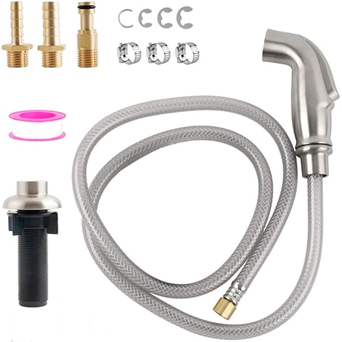 Universal Kitchen Sink Sprayer Compatible with Moen/Delta, Brushed Nickel | Kitchen Sink Faucet Sprayer Attachment with Quick Connector/Hose/Holder, Pull-Out Sprayer Head, NSF/ANSI/CAN 372 Certified - color: Brushed Nickel, style: One-button Type