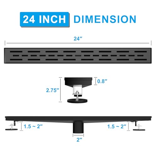24 Inch Black Linear Shower Drain, Rectangular Shower Floor Drains with Brickwork Cover, 304 Stainless Steel Linear Drain with Leveling Feet, Hair Strainer (Matte Black)