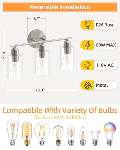 Brushed Nickel Vanity Lights - 3-Light Modern Bathroom Lighting Fixtures with Clear Glass Shade - Wall Sconce for Hallway - 2Pack - color: Brushed Nickel, size: 3 Light - 2 pack