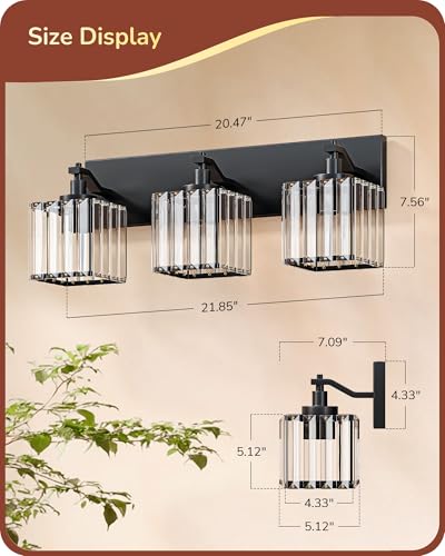 EDISHINE Modern 20.47'' 3-Light Black Crystal Bathroom Vanity Light Fixture | E26 Socket, Durable Metal Base, Wall Sconce for Powder Room, Bedroom, Dressing Areas - color: Black