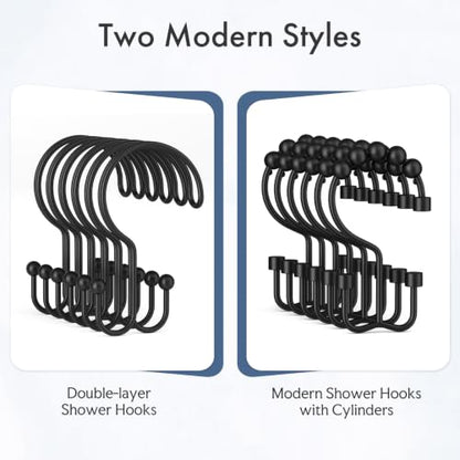 Bathway Black Shower Curtain Hooks Ring, 12 Pcs Double Sided Shower Hooks, Rust Proof Metal Shower Hooks for Bathroom, Modern Shower Rings with Cylinders for Shower Curtain & Liners - color: Black, style: Modern Shower Hooks with Cylinders