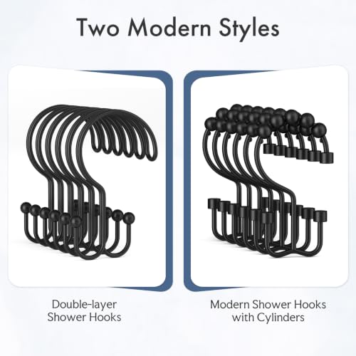 Bathway Black Shower Curtain Hooks Ring, 12 Pcs Double Sided Shower Hooks, Rust Proof Metal Shower Hooks for Bathroom, Anti-Drop Shower Rings for Shower Curtain & Liners - color: Black, style: Double-layer Shower Hooks