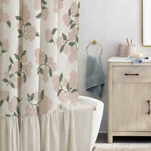 ORTIGIA Linen Textured Ruffle Shower Curtain with Metal Hooks, Vintage Light Pink Hydrangea Floral Boho Waterproof Bath Curtain for Rustic Farmhouse Bathroom Decor 72x72 Inch - color: Light Pink Hydrangea, size: 72"W x 72"L (Pack of 1)
