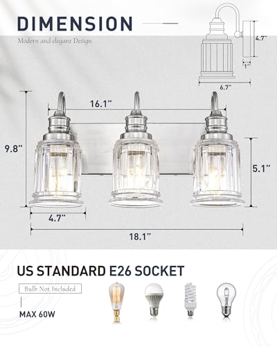 Bathroom Light Fixture, HWH 3-Light Vanity Light Brushed Nickel Modern Bathroom Lights Over Mirror, Bell-Shaped Fluted Glass, 5HZG106B-3W BN - color: Brushed Nickel, size: 3-Light