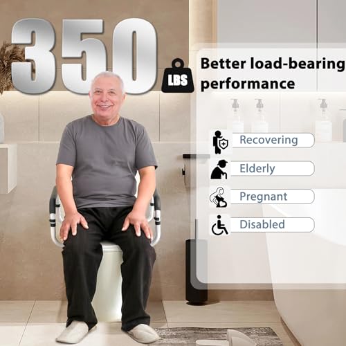 Toilet Safety Rails for Seniors, 17-21 in Width, 350 lb Capacity | Fits standard and elongated toilets; non-slip foam grips and tool-free setup using existing seat bolts. - color: Black/White