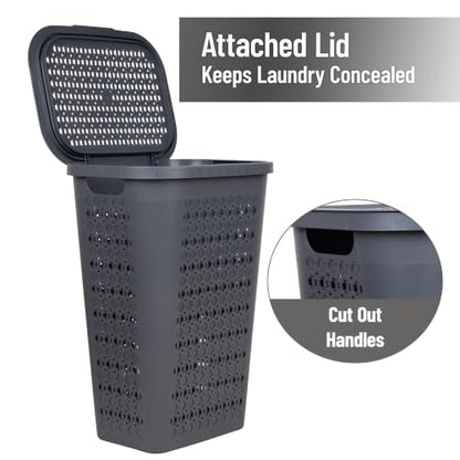 Mind Reader Slim Tapered Laundry Hamper with Lid, Clothes Basket with Swiss Cross Cut-Outs, Lightweight & Ventilated, Plastic, 16.75"L x 12.75"W x 23"H, Gray - color: Gray