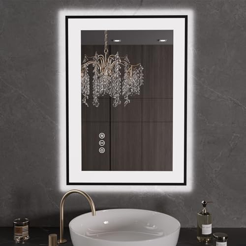 LOAAO 20"X28" LED Bathroom Mirror Black Framed | Anti-Fog, Dimmable, Memory Function, Tempered Glass, Lighted Vanity Mirror for Wall - size: 20"L x 28"W