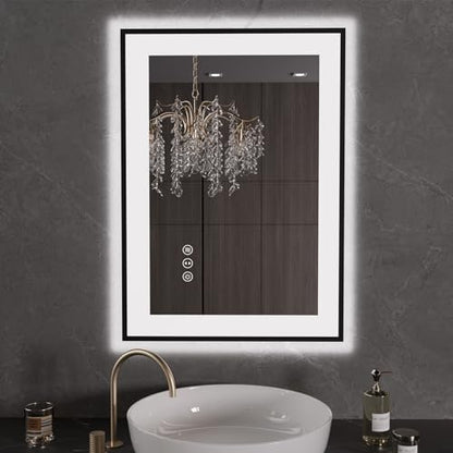 LOAAO 20"X28" LED Bathroom Mirror Black Framed | Anti-Fog, Dimmable, Memory Function, Tempered Glass, Lighted Vanity Mirror for Wall - size: 20"L x 28"W