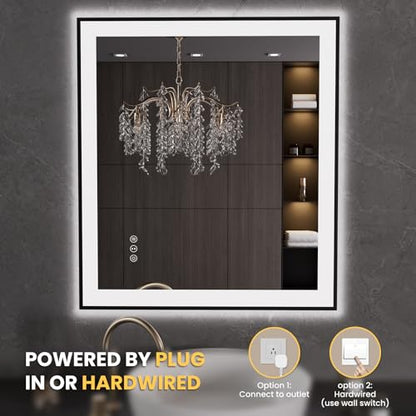 LOAAO 32"X36" LED Bathroom Mirror Black Framed | Anti-Fog, Dimmable, Memory Function, Tempered Glass, Lighted Vanity Mirror for Wall - size: 32"L x 36"W
