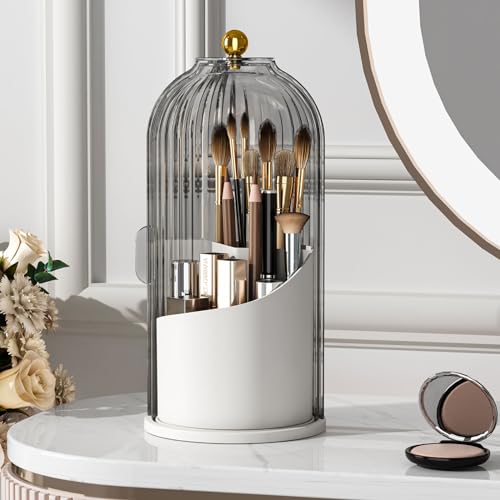YOOLENS Makeup Brush Holder with Lid 360 Rotating Clear Dustproof Make Up Organizers for Vanity Bathroom Countertop, Gray - color: Gray