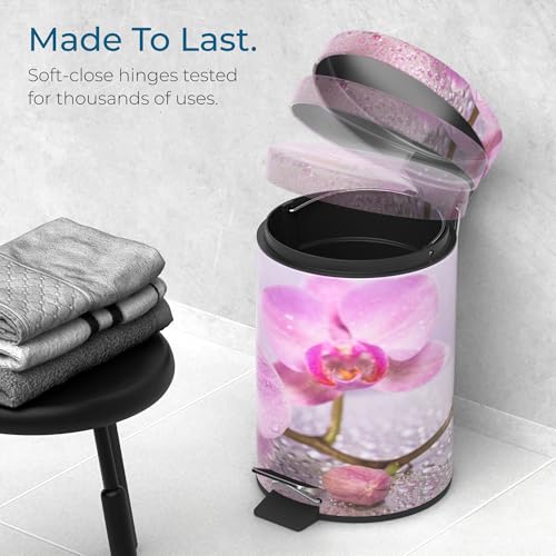 Sanilo Small Bathroom Trash Can with Lid [1.3 Gallon] - Lidded Tiny Trashcan for Garbage - Mini Metal Bin with Soft Closing Mechanism - Bath Room Accessoire Wastebin with Inner Bucket (Blooming) - color: Blooming