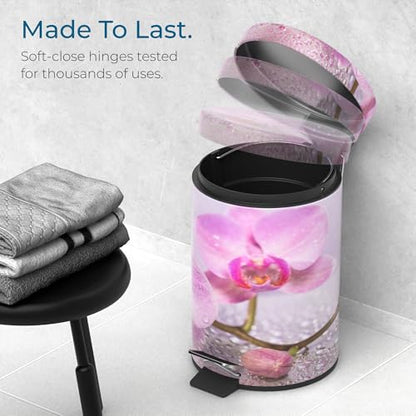 Sanilo Small Bathroom Trash Can with Lid [1.3 Gallon] - Lidded Tiny Trashcan for Garbage - Mini Metal Bin with Soft Closing Mechanism - Bath Room Accessoire Wastebin with Inner Bucket (Blooming) - color: Blooming