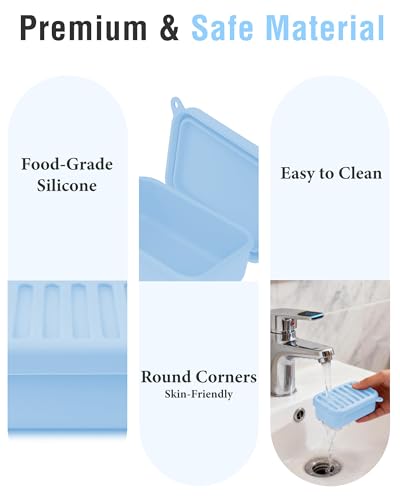 Silicone Travel Soap Case with Lid & Drain Tray, Leakproof, for Travel | Food-grade silicone, Leakproof seal, Built-in hook, Removable drain pad doubles as soap holder, For gym, travel, camping - color: Blue