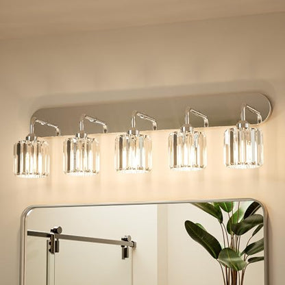 Keonjinn 5-Light Bathroom Light Fixtures, Crystal Chrome Bathroom Vanity Lights Over Mirror, Vanity Lighting Fixtures with Crystal Square Shades (E26 Socket, Exclude Bulb) - color: Chrome, size: 5-Light
