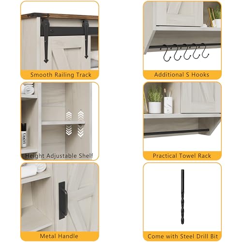 Trironsun Farmhouse Medicine Cabinet 2 Sliding Barn Doors 3 Tier Rustic Wood Wall Storage Cabinet Adjustable Shelf Towel Bar Wall Mounted Bathroom Wall Cabinet (Antique White, 30.71 Inch) - color: Antique White