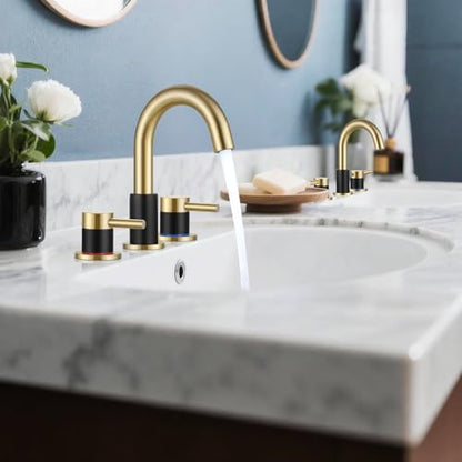 FGKQ 3-Hole 2-Handle Widespread Bathroom Sink Faucet, Black and Gold | Stainless steel, pop-up drain included, 360°swivel spout, for vanity sink 3-hole mount, 8-in widespread - color: 2-Brushed Gold & Black