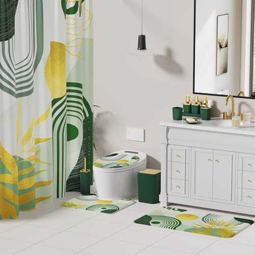 Bathroom Set - 27PC Bathroom Sets with Shower Curtain and Rugs, Green Bathroom Set, Bathroom Accessory Set, Trash Can, Toilet Brush & 3 PC Soap Dispensers - color: Dark Green, size: Bath Set+Boho Shower Curtain+Bath Rugs