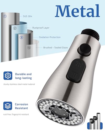 Metal Kitchen Faucet Head Replacement, 3-Mode Sprayer Head with 15 Adapters | 304 Stainless Steel, Pull Down Sink Faucet Head, Stream/Spray/Blade, Compatible with Moen/Delta/Kohler, Brushed Nickel - color: Brushed Nickel