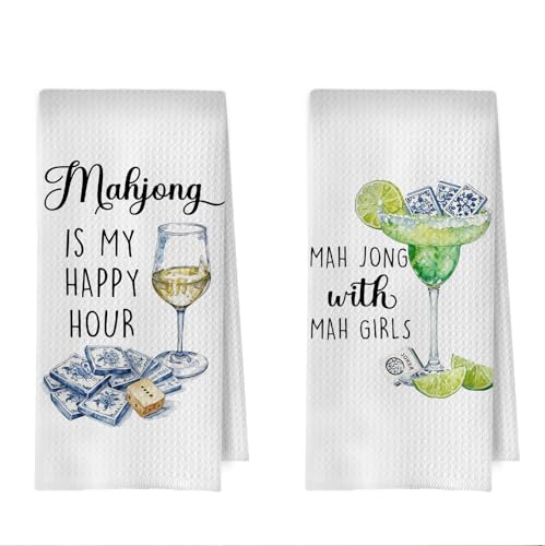Mahjong Gifts Kitchen Towels Set - Mahjong Wine Decorative Waffle Dish Towels, Chinoiserie Mah Jong Martini Hand Towels, Alcohol Mah Jong Friends Gifts Tea Towel, 16×24 Inches Set of 2 - color: Mahjong-03