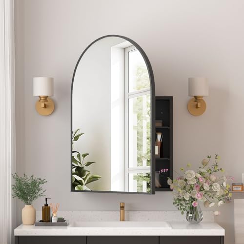 Medicine Cabinets for Bathroom, Black Arched Medicine Cabinet Recessed or Surface Wall-Mounted,Modern Bathroom Vanity Mirror with Storage, Mirrored Cabinet with Adjustable Shelves,20x30 Inch - color: Black, size: 20*30inch